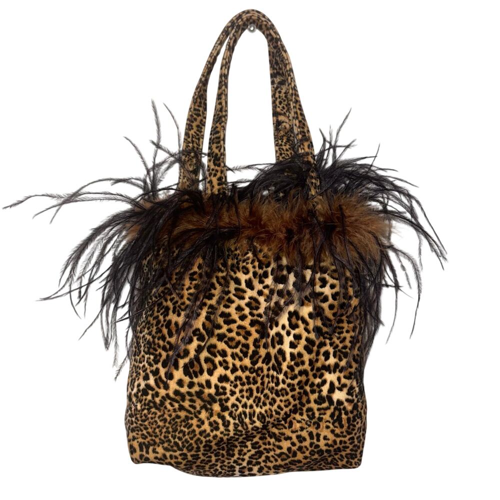 Y2K Glam Mobwife Leopard Print Feather Trim Top Handle Bag - Picture 2 of 7